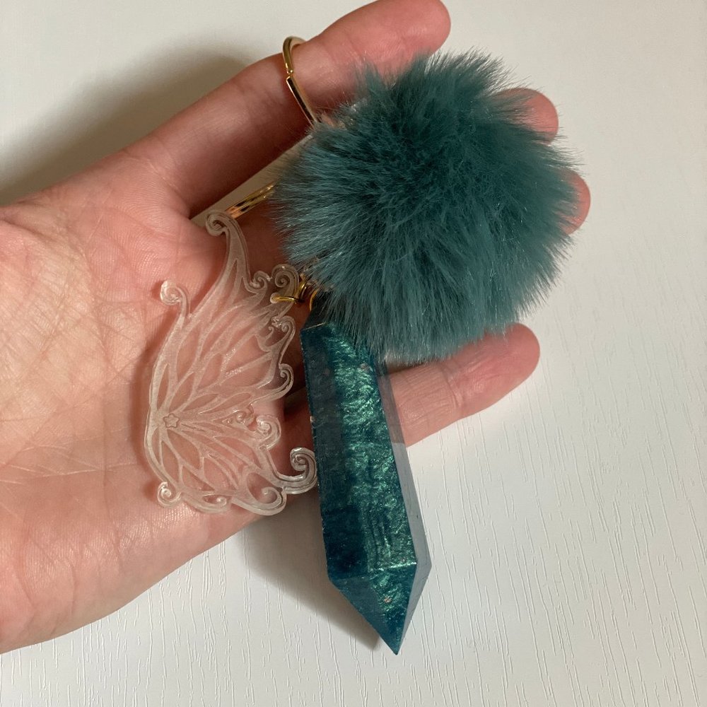 'Extra' Keyring keychain Blue Poof Blue Glittery Pendant Clear Butterfly